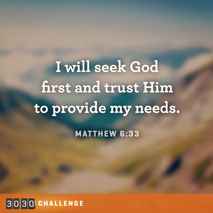 3030 Challenge social pin: I will seek God first and trust Him to provide my needs.