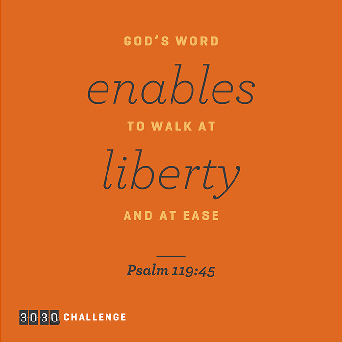 3030 Challenge social pin: God's Word enables to walk at liberty and at ease — Psalm 119:45