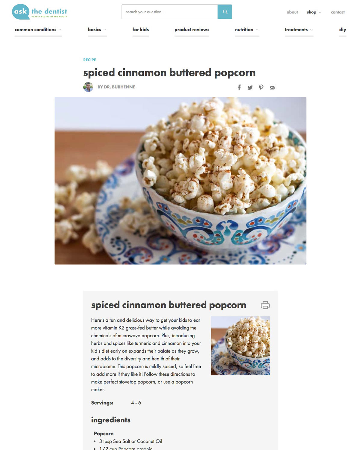 Sample recipe post on Ask the Dentist's website