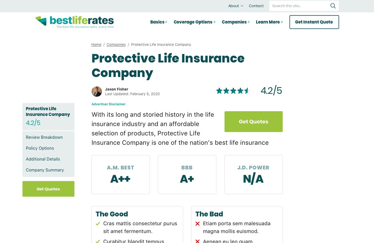 Company Landing Page - Best Life Rates Website